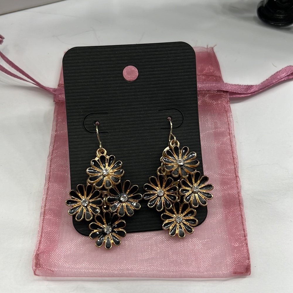 3D Gold-Toned Flower Earrings w/Black Petals and Clear Gemstone Centers